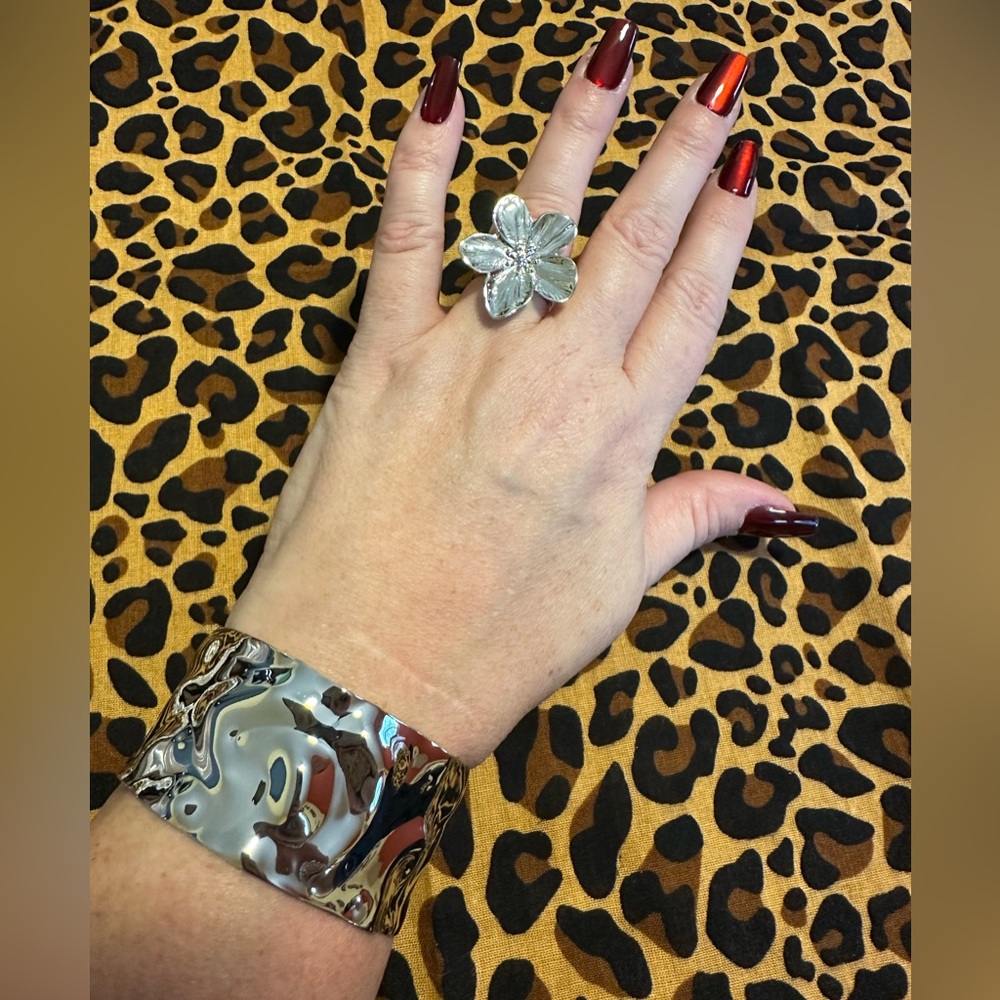Silver Floral Ring and Cuff Bracelet Set